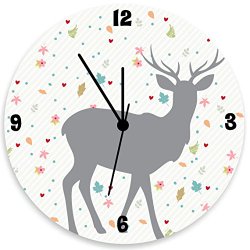 Deer Wall Clock, Girls Wall Clock with Grey Deer, Light Gray Diagonal Stripes and Roses At Backgroubd