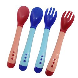 Dianoo High Quality Baby Warm Temperature Forks and Spoons – Food Grade Silicone Forks & Spoons – Special Soft Head Spoon fork Design for infants – Set of 4 PCS (Blue and pink)