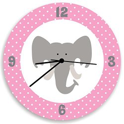 Elephant Baby Girl Wall Clock, Cute Pink Elephant Head, White Polka Dots and Pink Back, Girls Wall Nursery Decor with Elephant