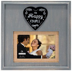 Malden International Designs Rustic Woods Distressed Picture Frame with Burlap Mat The Happy Couple to Hold 4 by 6″ Photo with Mat, Gray