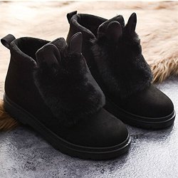 Spritech(TM) Women’s Winter Flat Fur Warm Cute Snow Ankle Boots with Beaver Rabbit Fur Hair Trim Black