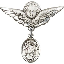 Sterling Silver Baby Badge with Guardian Angel Charm and Angel w/Wings Badge Pin 1 1/8 X 1 1/8 inches