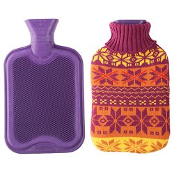 2 Liter Premium Classic Rubber Hot Water Bottle w/ Cute Knit Cover (2 Liter, Purple / Christmas Snowflake)