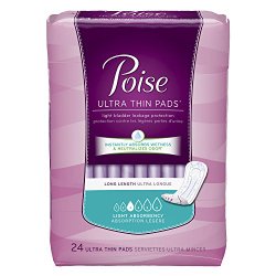 Poise Incontinence Ultra Thins, Long, Light Absorbency, 24 Count (Pack of 6)