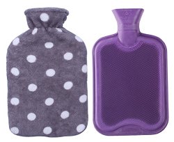 Premium Classic Rubber Hot Water Bottle with Soft Fleece Cover (2 Liters, Purple / Gray Polka Dot)