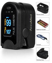 AccuMed® CMS-50D Pulse Oximeter Finger Pulse Blood Oxygen SpO2 Monitor w/ Carrying case, Landyard Silicon Case & Battery (Black)