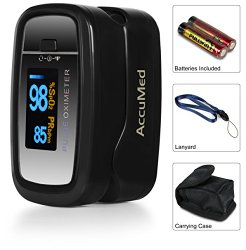 AccuMed® CMS-50D1 Pulse Oximeter Finger Pulse Blood Oxygen SpO2 Monitor w/ Carrying case, Landyard & Battery FDA CE Approved (Black)