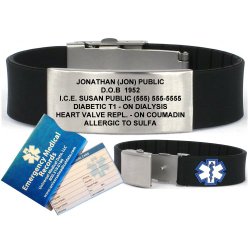 Black Silicone Sport Medical Alert ID Bracelet. Incl. 6 lines of personalized engraving.