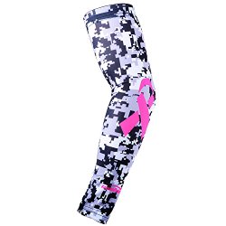 COOLOMG (1 Piece) Youth Adult Anti-slip Arm Sleeve Basketball Running Football Ribbon Breast Cancer Awareness Gray Black S