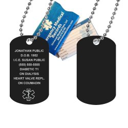 Medical Alert ID Black Anodized Aluminum Dog Tag with 27″ x 2.5mm Ball Chain (incl. up to 18 lines of personalized engraving