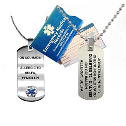 Medical Alert ID Silver (color) Anodized Titanium Dog Tag with 27″ Stainless Steel Bead Chain (incl. 9 lines of personalized engraving)