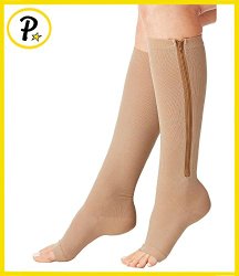 NEW Open Toe Knee Length Zipper Up Compression Hosiery Calf Leg Support Stocking (L/XL, Beige)