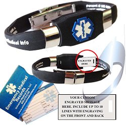 Our Black EliteTM Medical Alert ID Bracelet includes up to 10 lines of custom engraving on our exclusive acrylic plate.