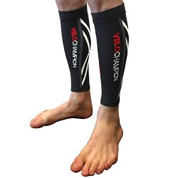 VeloChampion Compression Calf Sleeves – For Running, Cycling, Triathlon (Black/Orange, Medium)