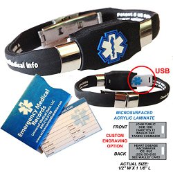 Waterproof black silicone ELITE PLUS USB medical alert ID bracelet with 2 GB USB and custom engraving on exclusive acrylic plate (includes up to 10 lines of custom engraving)