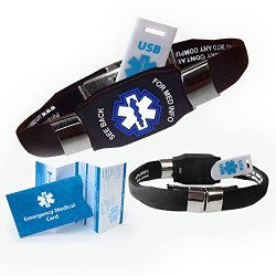 Waterproof ELITE USB black silicone medical alert ID bracelet with 2 GB USB (Black)