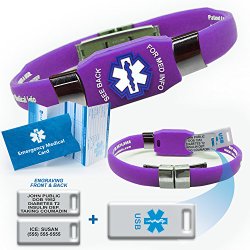 Waterproof purple silicone ELITE PLUS USB medical alert ID bracelet with 2 GB USB and custom engraving on exclusive acrylic plate (includes up to 10 lines of custom engraving)