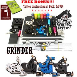 GRINDER Complete Tattoo Kit by Pirate Face Tattoo / 4 Tattoo Machine Guns – Power Supply / 7 Ink by Radiant Colors – Made in the USA / LCD Power Supply / 50 Needles / PLUS Accessories