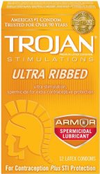 Trojan Condom Stimulations Ultra Ribbed Spermicidal, 12 Count