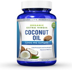 Coconut Oil Capsules – 1000 mg Organic Extra Virgin – 180 Softgels – Great Pills for Hair, Skin, Energy and Weight Management