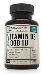 Gaia Sciences Vitamin D3 5,000 IU in Cold-Pressed Organic Olive Oil, GMO-Free, High Potency Softgels, 360 ct.