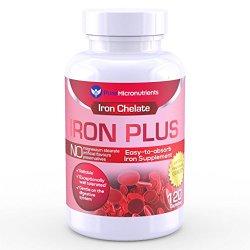 Iron Plus: Natural Iron Supplement (Iron Chelate, Bisglycinate) 25mg, + Vitamin C, B6, B12, Folic Acid, 120 Count