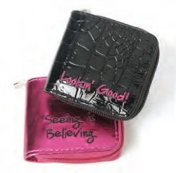 MIAMICA TRENDY EMBROIDERED TRAVEL METALLIC PINK “SEEING IS BELIEVING” CONTACT LENS CASE WITH MIRROR