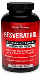 Resveratrol Supplement – 1400mg Extra Strength Formula with Green Tea Extract, Grape Seed Extract, Red Wine Extract- 60 veggie capsules – Made in USA