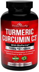 Turmeric Curcumin C3 with BioPerine Black Pepper Extract – 750mg per Capsule, 120 Veg. Capsules – GMO Free Tumeric, Standardized to 95% Curcuminoids for Maximum Potency