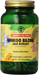 Solgar Standardized Full Potency Ginkgo Biloba Leaf Extract Vegetable Capsules, 180 Count