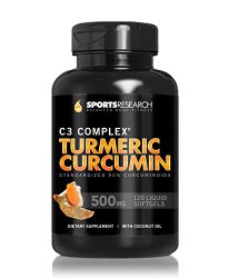Sports Research Turmeric Curcumin C3 Complex 500 Mg with 95% Curcuminoids,Bioperine and Organic Virgin Coconut Oil. 120 Capsules
