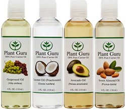 100% Pure Carrier Oil VARIETY-4 PACK- 4 Ounce Bottles–Fractionated Coconut Oil, Grapeseed Oil, Avocado Oil and Sweet Almond Oil