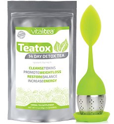 Vitalitea TEATOX 14 Day Detox Tea | Weight Loss, Reduce Bloating, Purify Organs | Total Body Cleanse | 100% Organic Herbs + Free Silicone Infuser