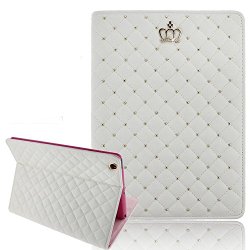 Superstart Luxury Crown Pattern Bling Diamond Leather Smart Protective Stand Case Cover for iPad Mini 4-White
