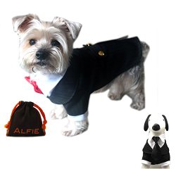 Alfie Pet by Petoga Couture – Oscar Formal Tuxedo with Black Tie and Red Bow Tie – Size: Medium