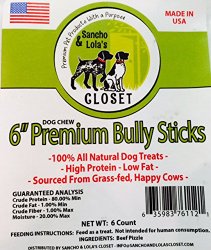 Best 6″ Bully Sticks for Dogs (TRIAL 6-PK) Made in USA~Grass-Fed, Kosher AMERICAN Beef~No Antibiotics No Growth Hormones 100% Grain-Free~by Sancho & Lola’s Closet