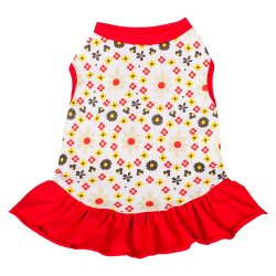 Blueberry Pet 10-Inch Polo Floral Cotton Dog Dress, Small, Red and Sunshine Yellow