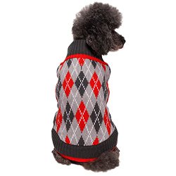 Blueberry Pet 12-Inch Back Length Chic Argyle All Over Dog Sweater in Charcoal and Scarlet Red