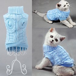 Bro’Bear Cable Knit Turtleneck Sweater for Small Dogs & Cats Knitwear (Blue, Medium)