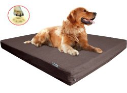 Durable XL Waterproof Orthopedic Memory Foam Pet Dog Bed with Denim Brown Case + Free Bonus Cover, Fit 48″X30″ crate