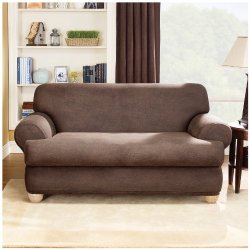 Sure Fit Stretch Faux Leather 2-Piece T Loveseat Slipcover, Brown