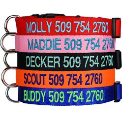 Custom Embroidered Dog Collars – Personalized ID Collars with Pet Name and Phone Number. Adjustable Sizes with Plastic Snap Closure.