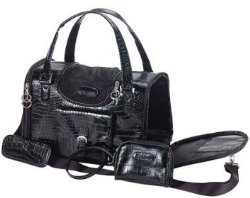 Faux-Crocodile Travel Bag w/Matching Coin Purse Tote Carrier — Black