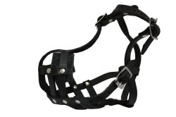 Leather Basket Muzzle (Boston). BM1, Black. 9″ circumference, 2″ length. Best fits breeds like French Bulldog, Pug, Boston Terrier.