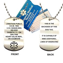 Medical Alert ID Brushed Stainless Steel Dog Tag with 27″ 2.5mm Bead Chain (incl. up to 18 lines of personalized engraving)