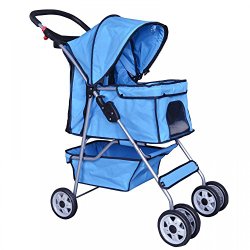 New Blue 4 Wheels Pet Stroller Cat Dog Cage Stroller Travel Folding Carrier 04T