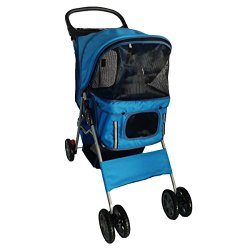 Pingkay Blue Color Deluxe Folding 4 Wheels Travel Pet Dog Cat Carrier Stroller