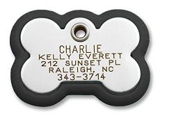 Plastic Frame Tag – Bone Shape Pet ID Tag. Our custom engraved dog tags are rugged and modern. Size large, with black & stainless.