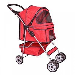 Red 4 Wheels Pet Stroller Cat Dog Cage Stroller Travel Folding Carrier 04T
