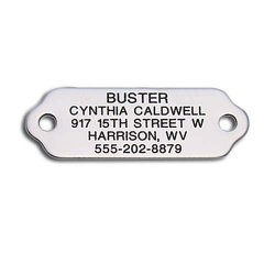 Rivet-On Pet ID Tag – Custom engraved dog ID tag that rivets directly onto collar. Stainless Steel or Polished Brass.